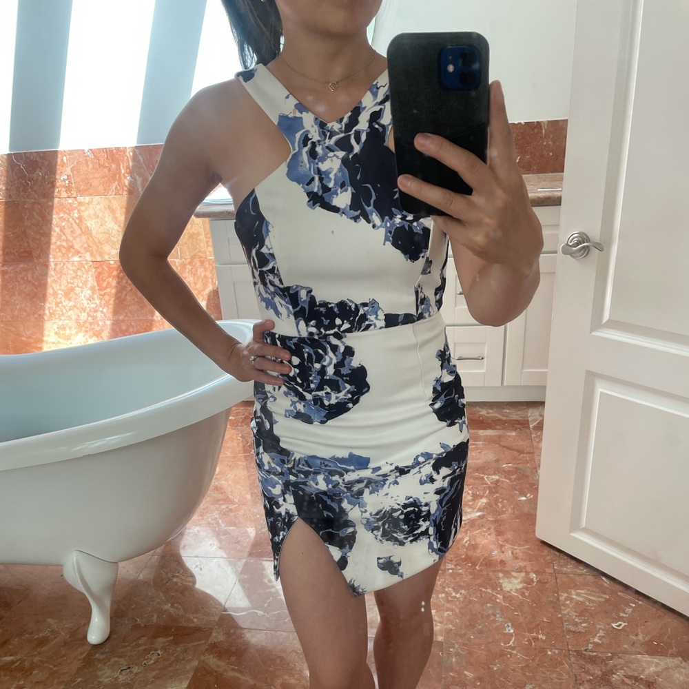 White and Blue Bodycon Cocktail Dress